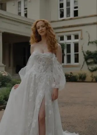 Bohemian Wedding Gown With Bishop Sleeves Jessica $1 autoplay loop mute thumbnail