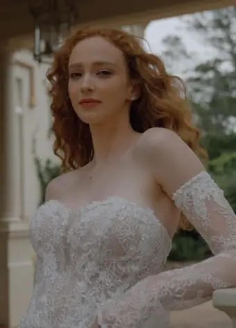 Boho Wedding Dress with Illusion Back and Gauntlet Sleeves Clover $1 autoplay loop mute thumbnail