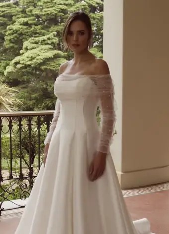 Timeless Ballgown with Detachable Tulle Shawl Pearl $1 autoplay loop mute thumbnail
