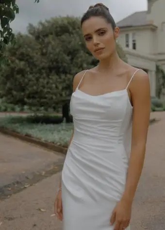 Modern Bride Dress with Low Cowl Back Liss $1 autoplay loop mute thumbnail