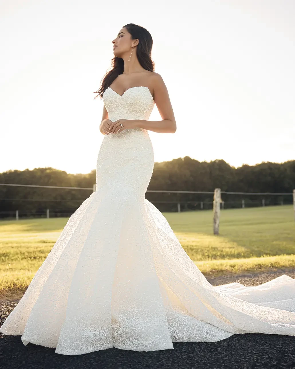 Brunette model in white wedding dress
