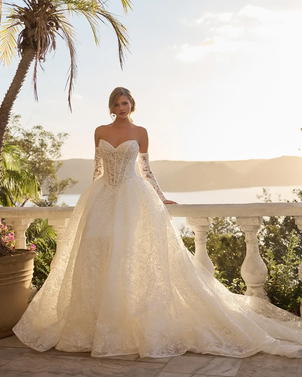 Brunette model in white wedding dress