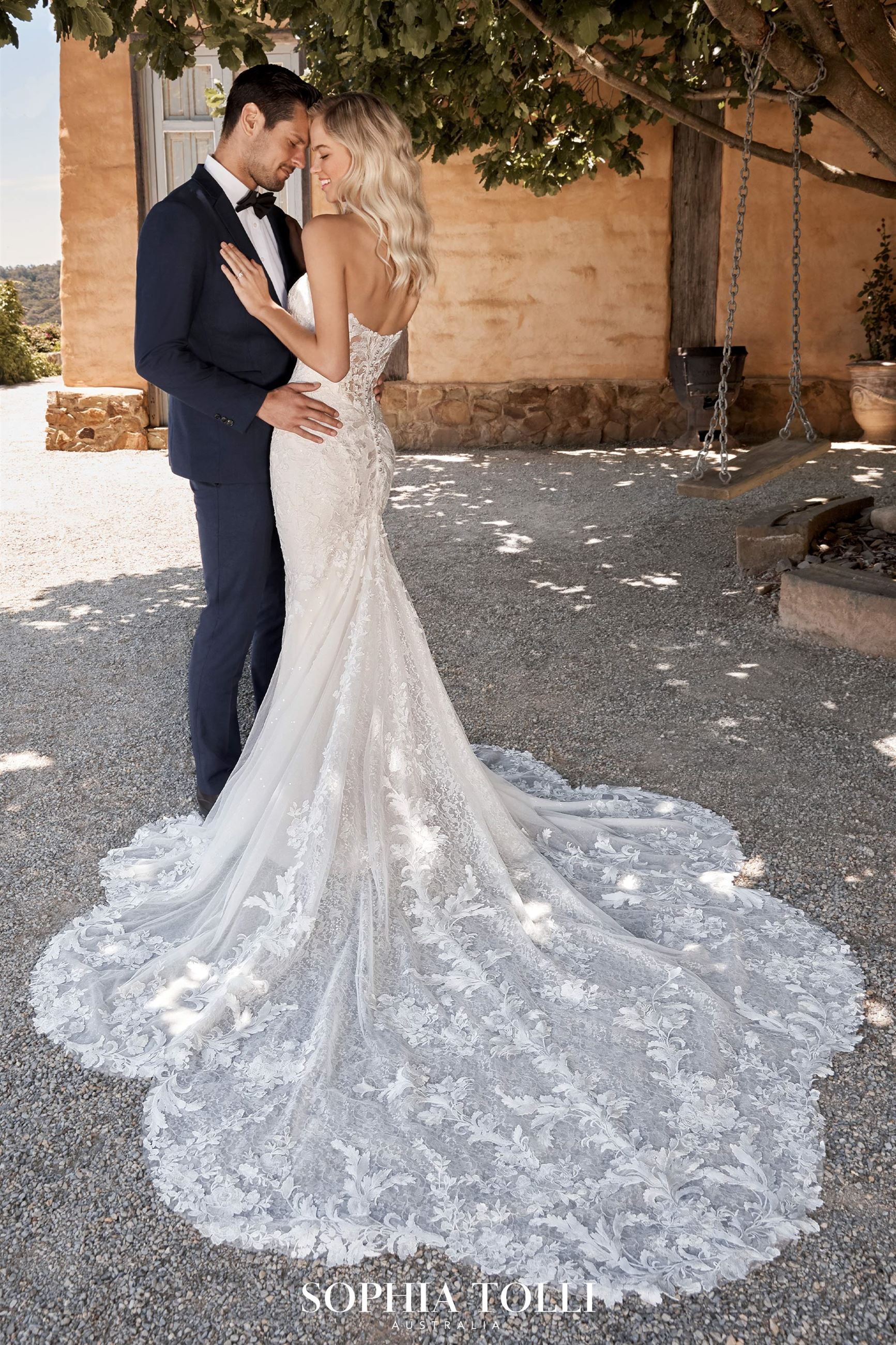 Bespoke Lace Gown with Dramatic Shaped Train Reba $8 autoplay loop mute thumbnail