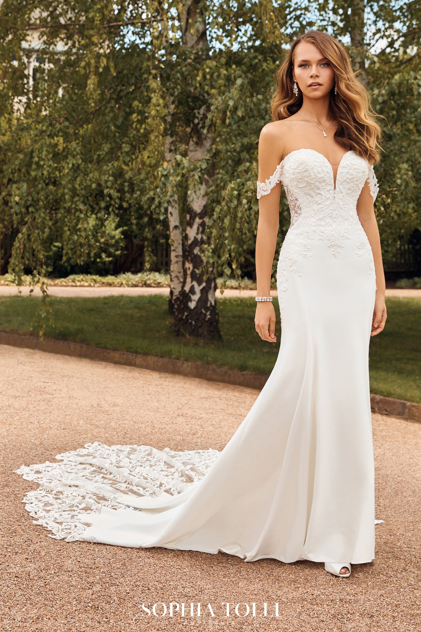 Crepe Wedding Dress with Incredible Lace Train Winona $4 autoplay loop mute thumbnail