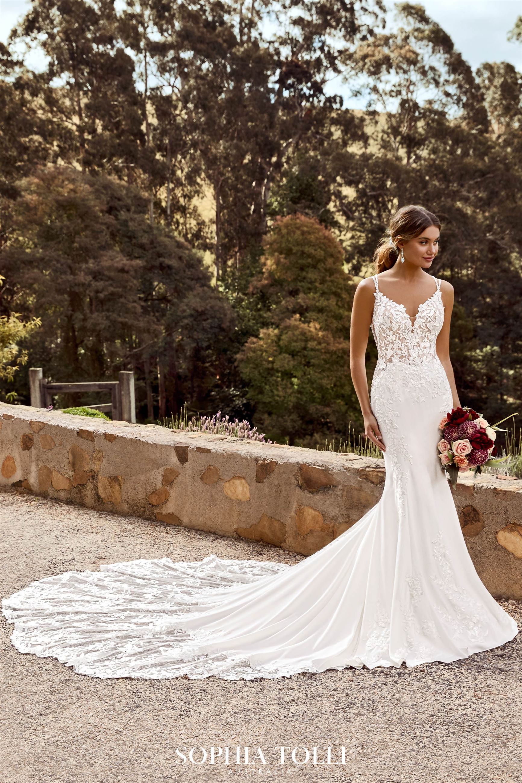 Floral Crepe Wedding Dress with Lace Train