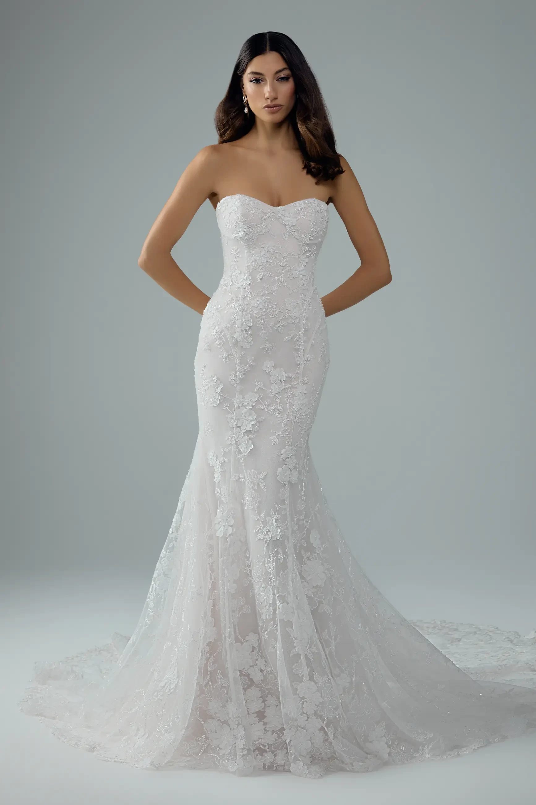 Strapless Fit-and-Flare Wedding Dress with 3D Floral Lace Cosette $1 autoplay loop mute thumbnail