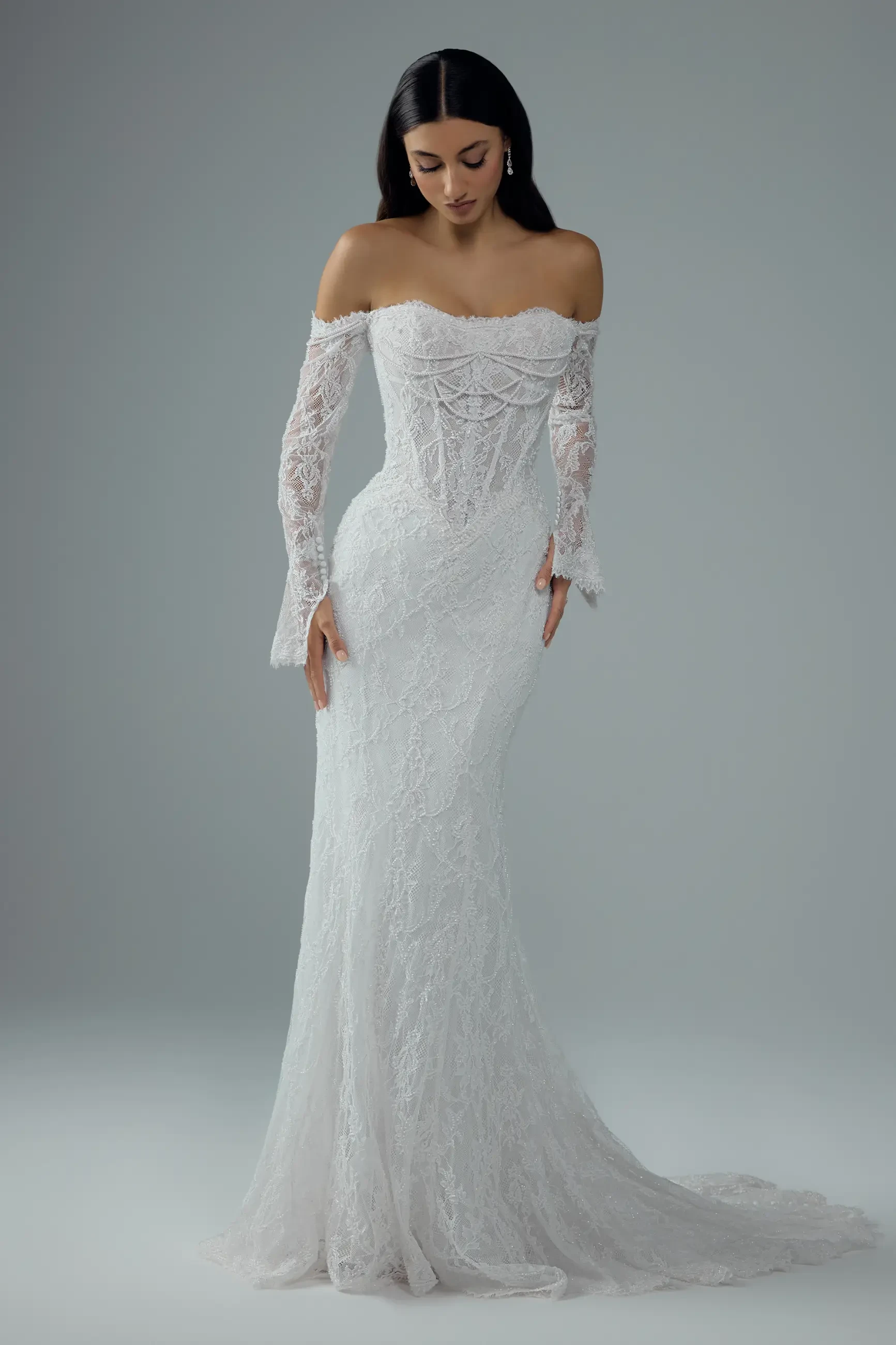 Sexy Fit and Flare Wedding Dress with Draped Pearls Constance $1 autoplay loop mute thumbnail