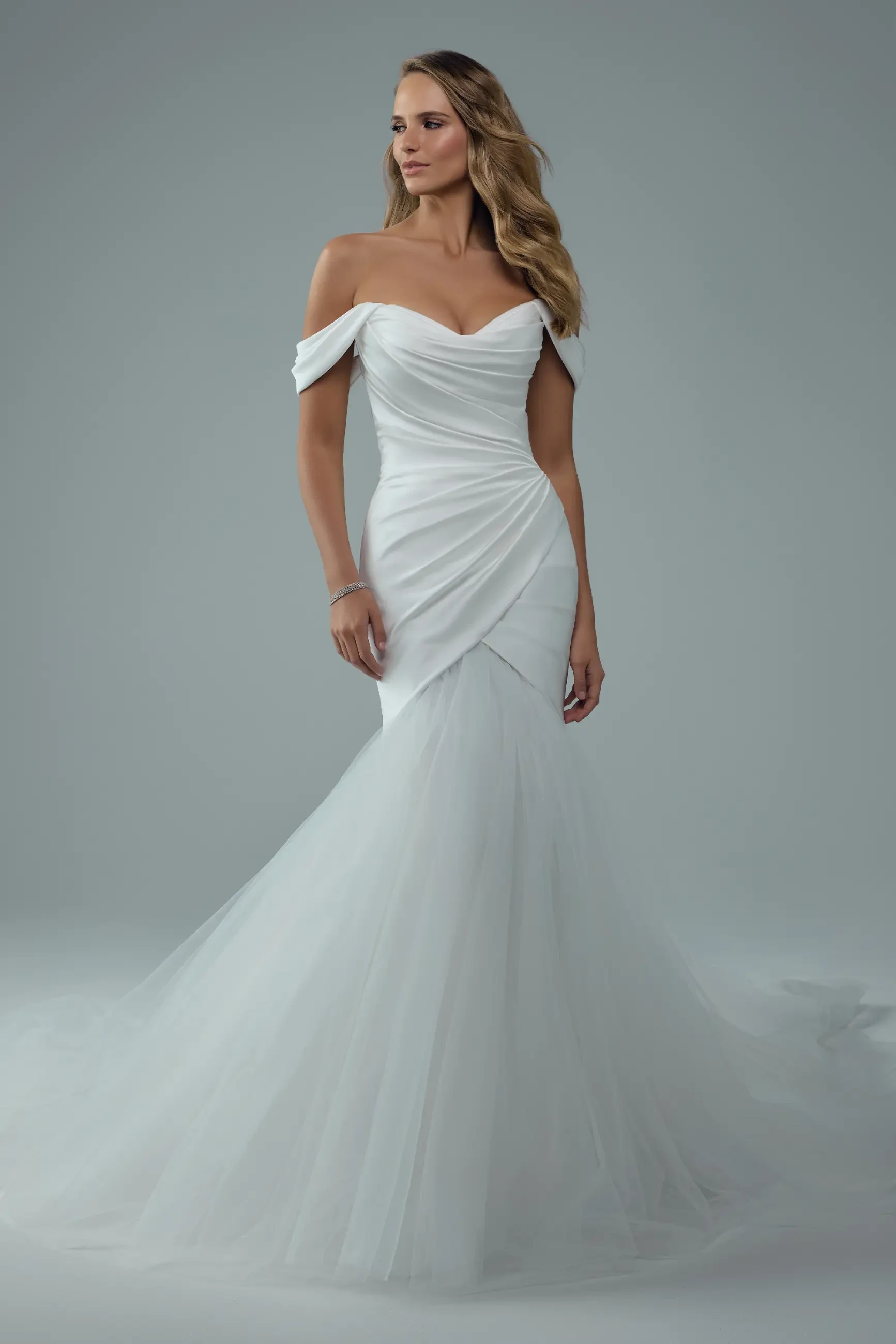Draped Satin Bridal Gown with Tulle Mermaid Skirt Eve $1 autoplay loop mute thumbnail