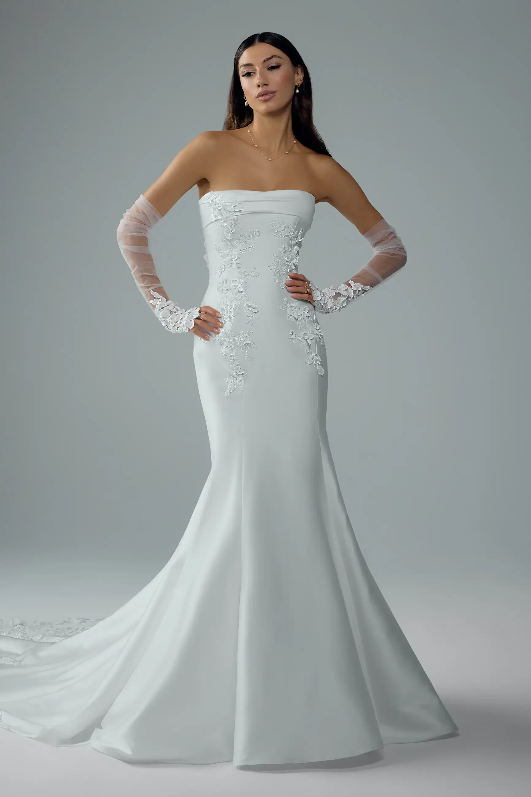 Strapless Fit and Flare Bridal Gown with Straight Neckline Selene $1 autoplay loop mute thumbnail