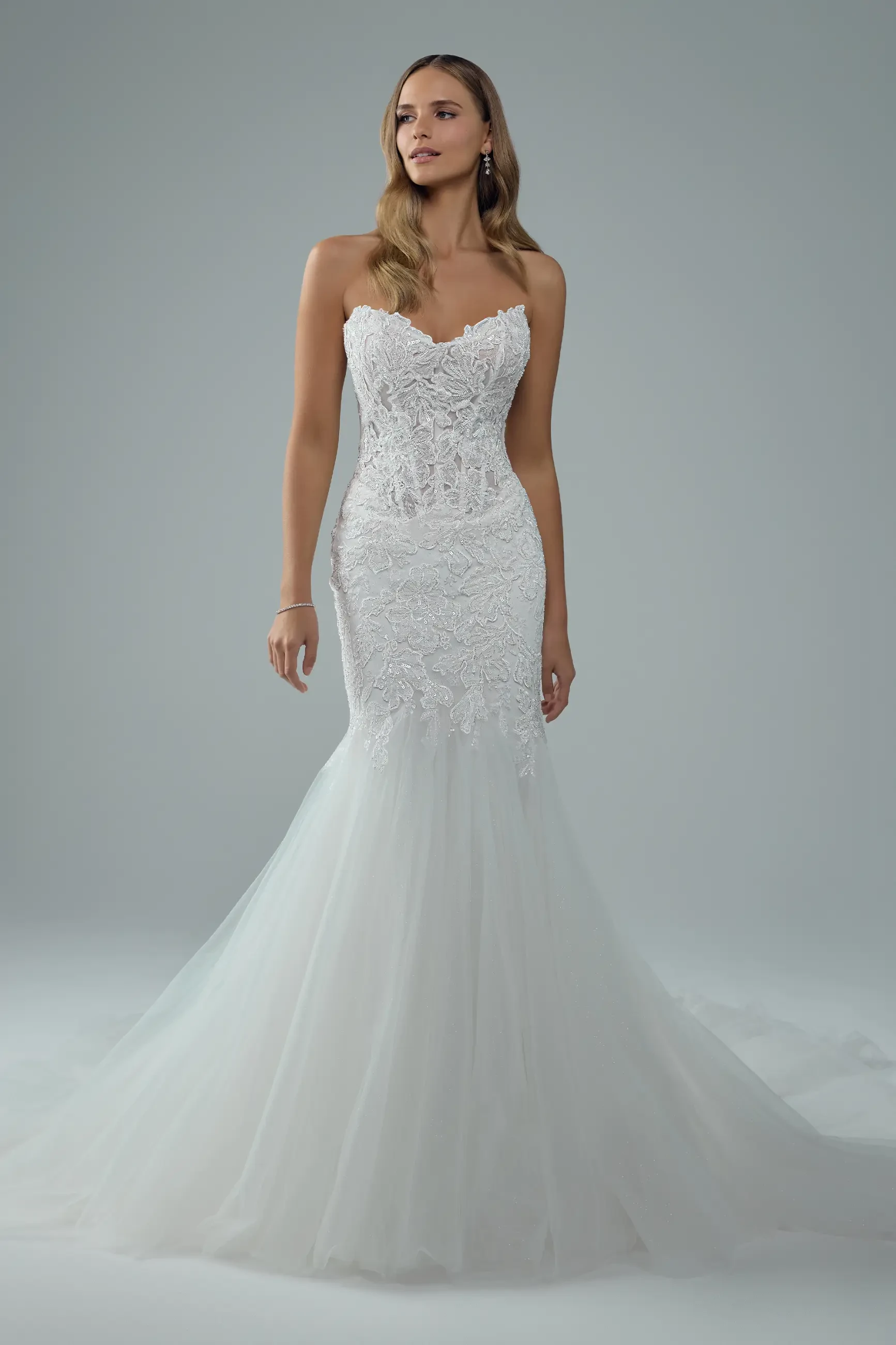 Sparkly Fit and Flare Bridal Gown with V-neckline Tessa $2 autoplay loop mute thumbnail