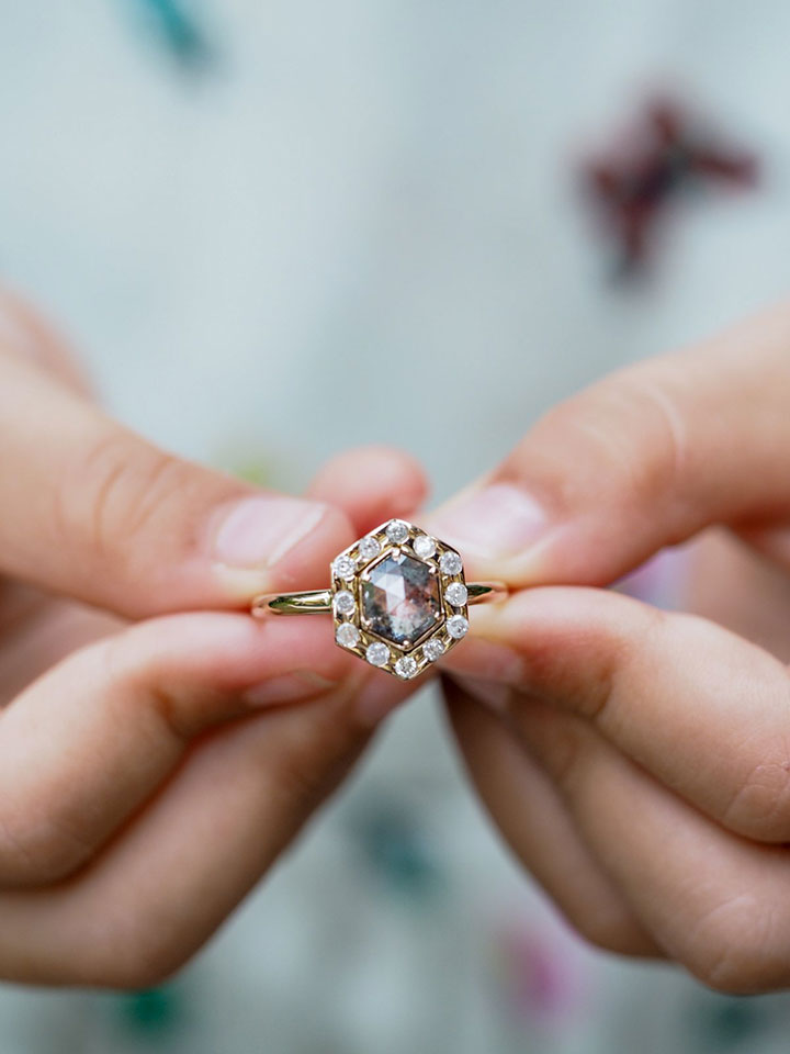 Unique Hexagon Salt & Pepper Diamond Engagement Ring