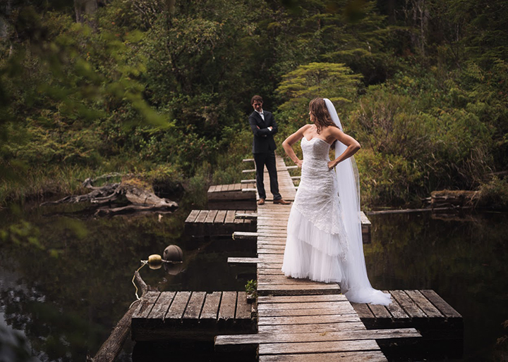 Magical Backcountry Wedding Wearing Sophia Tolli