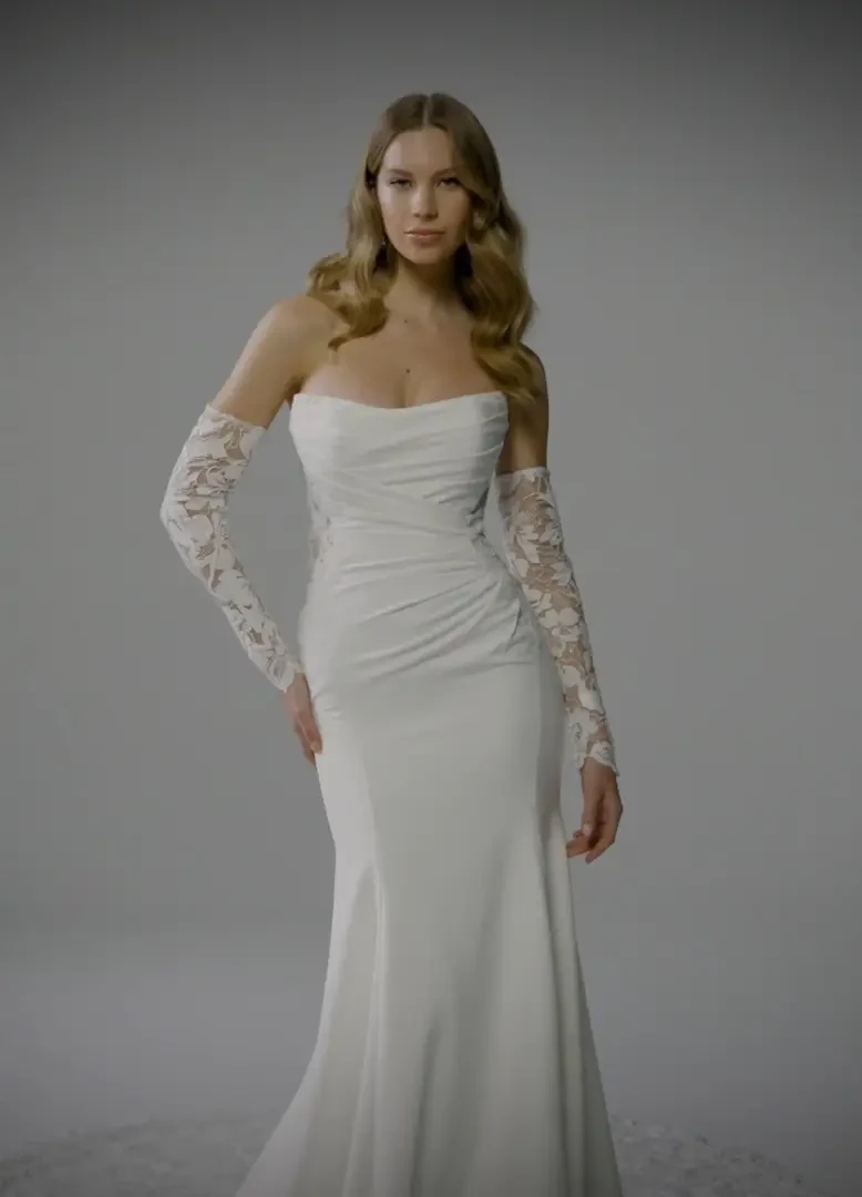Crepe Wedding Dress with Gauntlet Sleeves Lucie $1 autoplay loop mute thumbnail