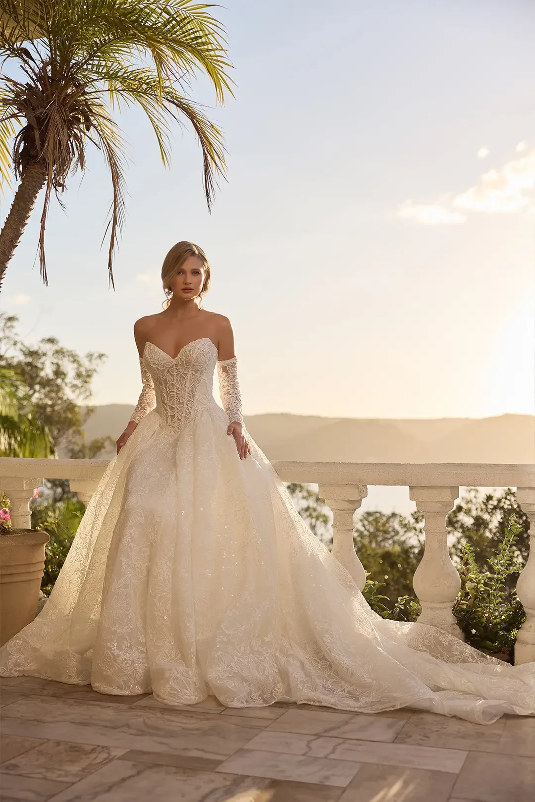 Strapless Beaded Ballgown Wedding Dress with Gauntlet Sleeves Hyacinth | Style ST672