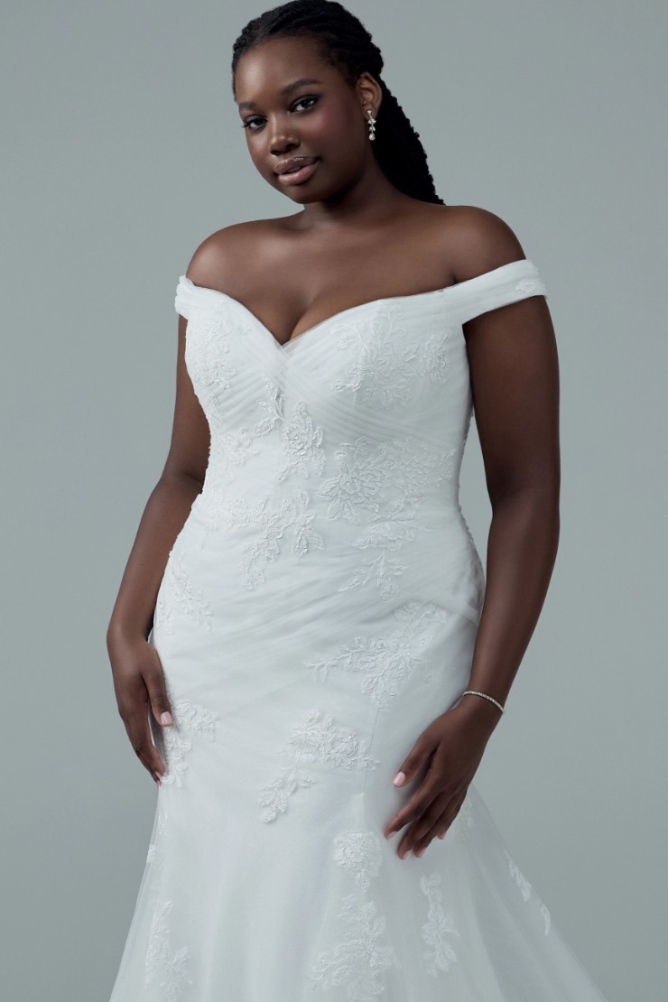 Modest Floral Wedding Dress with V-neckline Hibiscus #1 Alabaster Ivory picture