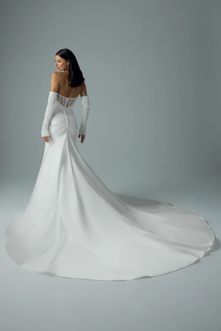 Satin Fit-and-Flare Wedding Dress with Draped Pearls Rosemary #4 Ivory picture