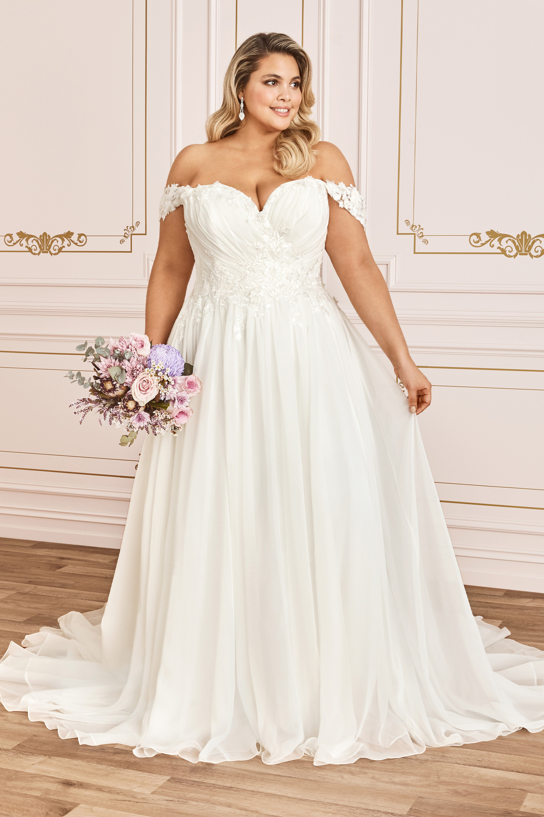 off the shoulder plus size wedding dress