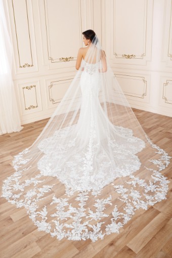 Bespoke Lace Gown with Dramatic Shaped Train Reba $1 thumbnail