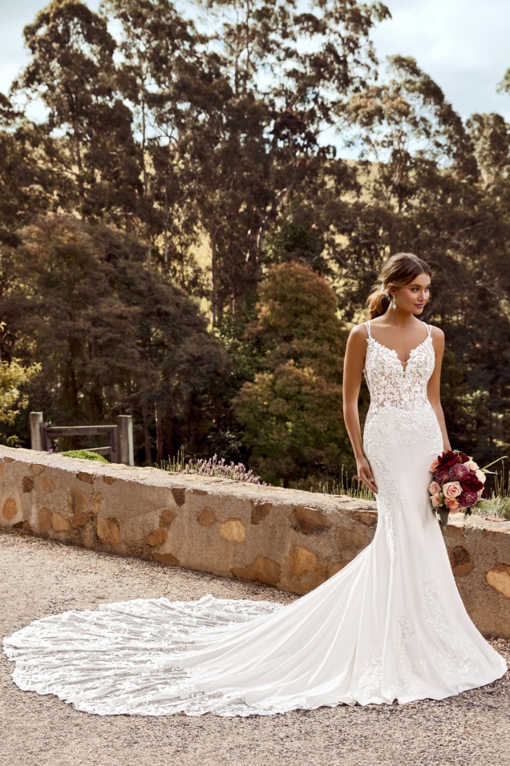 Floral Crepe Wedding Dress with Lace Train Celestina Thumbnail Image