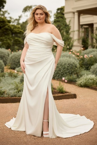 Stunning Crepe Wedding Dress with Flattering Fit and Skirt Split Lloyd $2 Ivory thumbnail